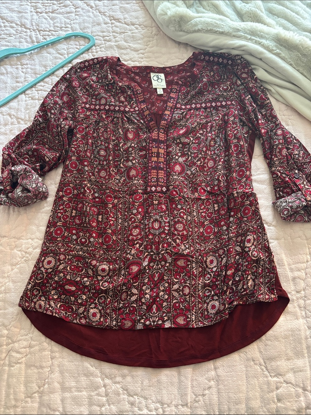 Anthro Burgundy Paisley Split-Neck Womens Blouse